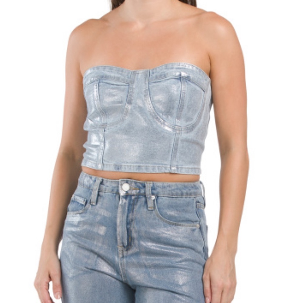 BLANK NYC Metallic Strapless STRETCHY Denim Top ZIPPER BACK NWT